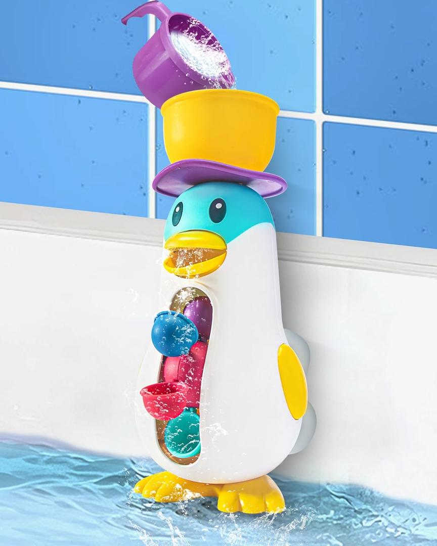 Baby Bath Toys, Toddlers Waterfall Bathtub Toys with Suction Cups, Penguin Kids Bath Toys with Rotatable Waterwheel, Birthday Gift for Boys Girls
