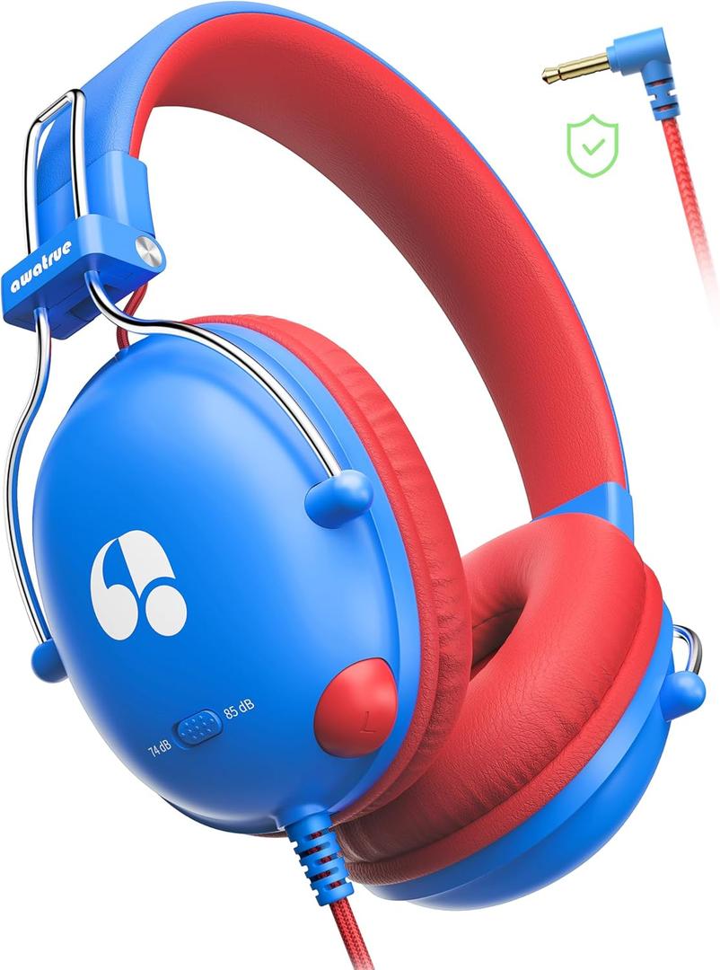 Kids Headphones for School, 74/85dB Safe Volume Limit, Stereo Sound, Wired On-Ear Headphones for Kids Boys Girls, 3.5mm Jack for Tablet, iPad, Kindle, YOTO Player, Airplane Travel, Blue