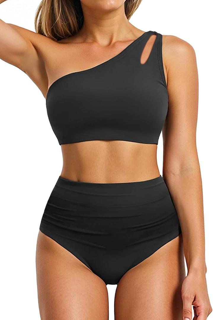 Women High Waisted Bikini - One Shoulder Bathing Suit Tummy Control Two Piece Swimsuit 2025 (Black, M)