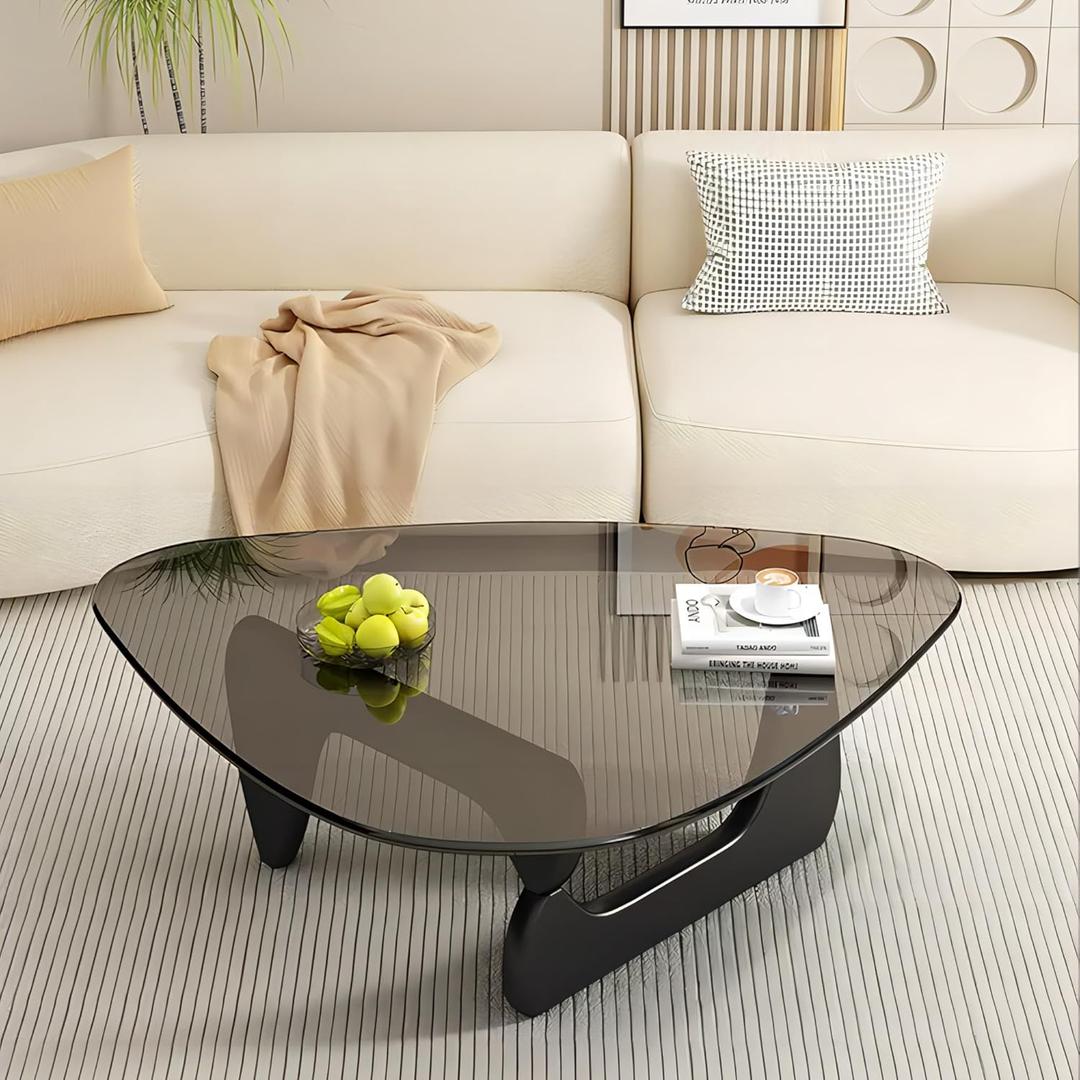Modern Glass Coffee Table, 32.68" D x 22.44" W x 15.75" H, Abstract Round Tea Tables for Living Room Home Office Industrial Cocktail Tables (Black-Gray Glass, 32.68")