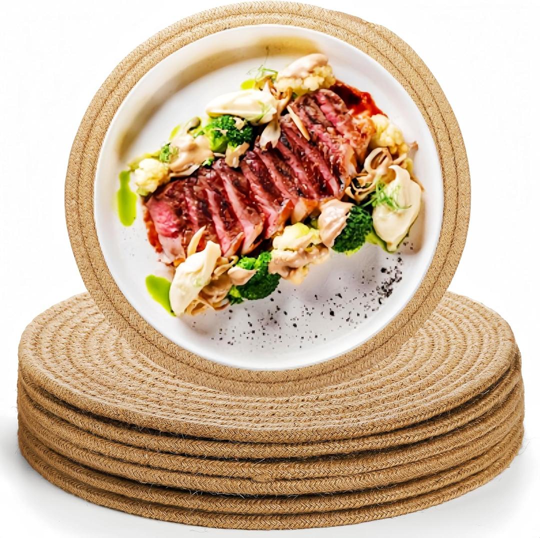 6 Pack Round Woven Placemats, 12 Inch Jute Braided Place Mats, Natural Straw Rattan Placemats, Heat Resistant Non-Slip Mat for Kitchen Dining Table, Hot Dishes Bowls Pans Plates Pots