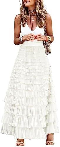 ebossy Women's Ruffled Tiered Tutu Tulle Skirt Stretchy A-line Prom Party Long Skirt, Size S