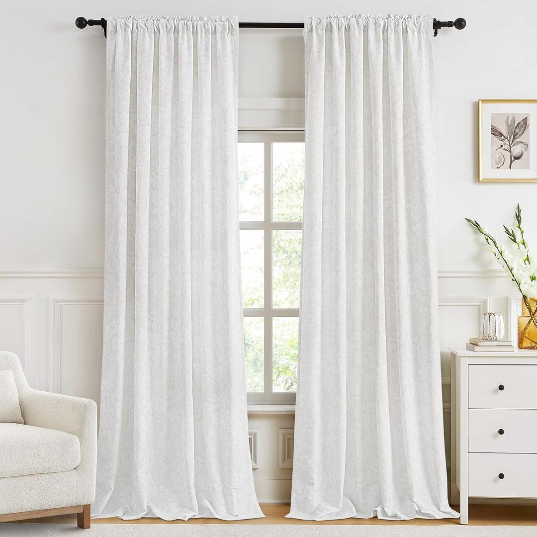 Cream Curtains 96 inch Length 2 Panel Set, White Floral Light Filtering Curtain Cotton Textured for Living Room Bedroom Soft Window Drapes with Rod Pocket Decorative Floor to Ceiling Curtains