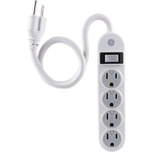 GE 4-Outlet Power Strip, 1.5 Ft Extension Cord, Grounded Outlets, Twist-to-Lock Safety Covers, Integrated Circuit Breaker, UL Listed, White, 14837
