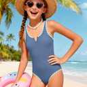 AMAWMW Girls Swimsuit One Piece Swimsuits Contrast Color V-Neck Bathing Suit Adjustable Straps Girls' Swimwear Blue 9-10Y