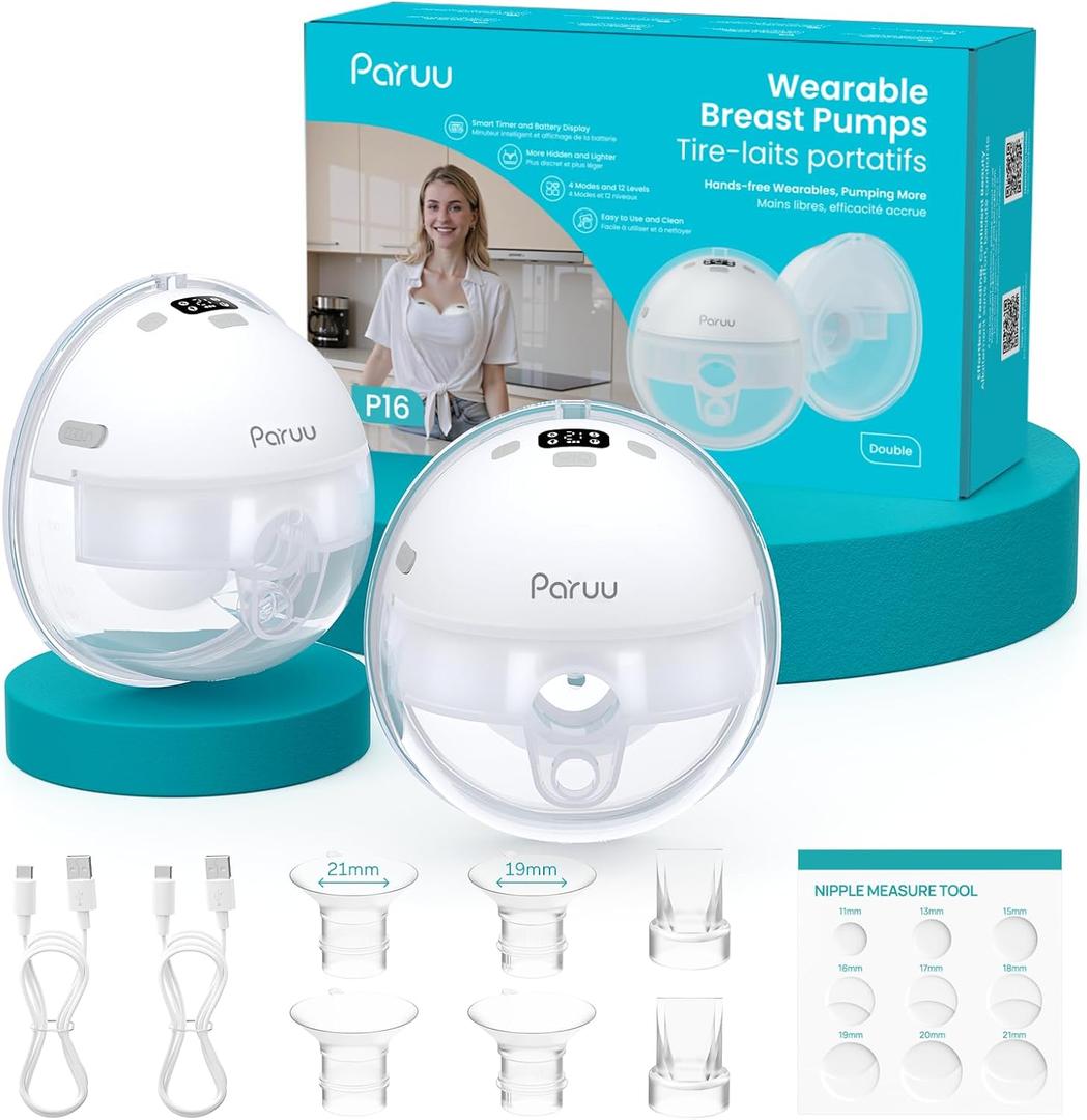 Paruu Hands Free Breast Pump P16, Wearable Breast Pump Electirc Portable with 4 Modes & 12 Levels, Max 309mmHg Strong Suction 19/21/24mm Flange Inserts Wearable Breastfeeding Pump, 2 Pack White