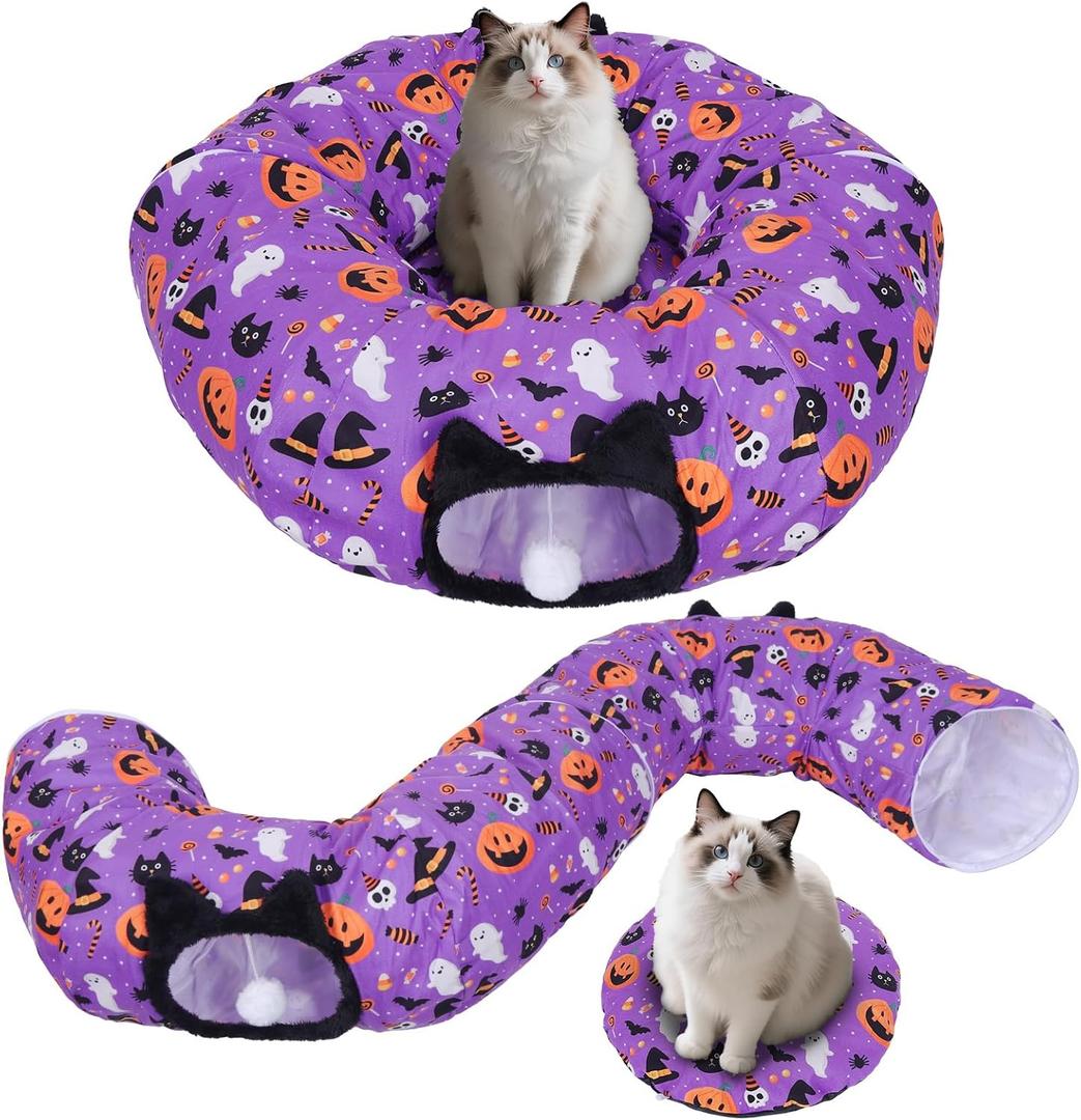 Tidjani Cat Tunnel Bed, Cat Tunnels for Indoor Cats, Foldable Pet Donut Bed with Washable Mat and Dangling Balls, Pumpkins Spider Candy Pattern, Purple Pet Tube Toys Gifts for Kitten, Puppy, Rabbit