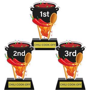 DoubleFill 3 Pcs Chili Cook Off Trophies 1st 2nd 3rd Place Medals 5 Inch Acrylic Chili Cook Off Prizes with Base Medal Decoration for Table Pepper Decor