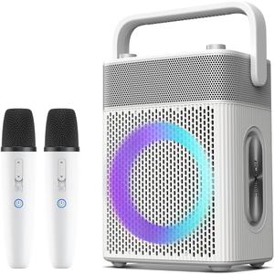 Karaoke Machine with 2 UHF Wireless Microphones with Leather Bag, IPX4 Waterproof Portable Bluetooth Speaker with Lights for Adults, Outdoor Karaoke Speaker Support Bluetooth/AUX/USB/PC (White)