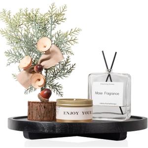 Round Decorative Tray Wood Bathroom Counter Organizer Farmhouse Kitchen Decor Wooden Riser for Soap Dish, Perfume, Candle, Sponge, 11" - Black