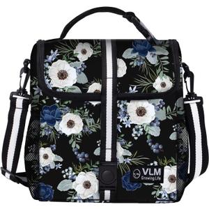 VLM Lunch Box for Women, Insulated Lunch Bag Women with Adjustable Shoulder Strap, Cute Lunch Tote Bag for Work,Picnic,Camping (Medium, Blue and White Floral)