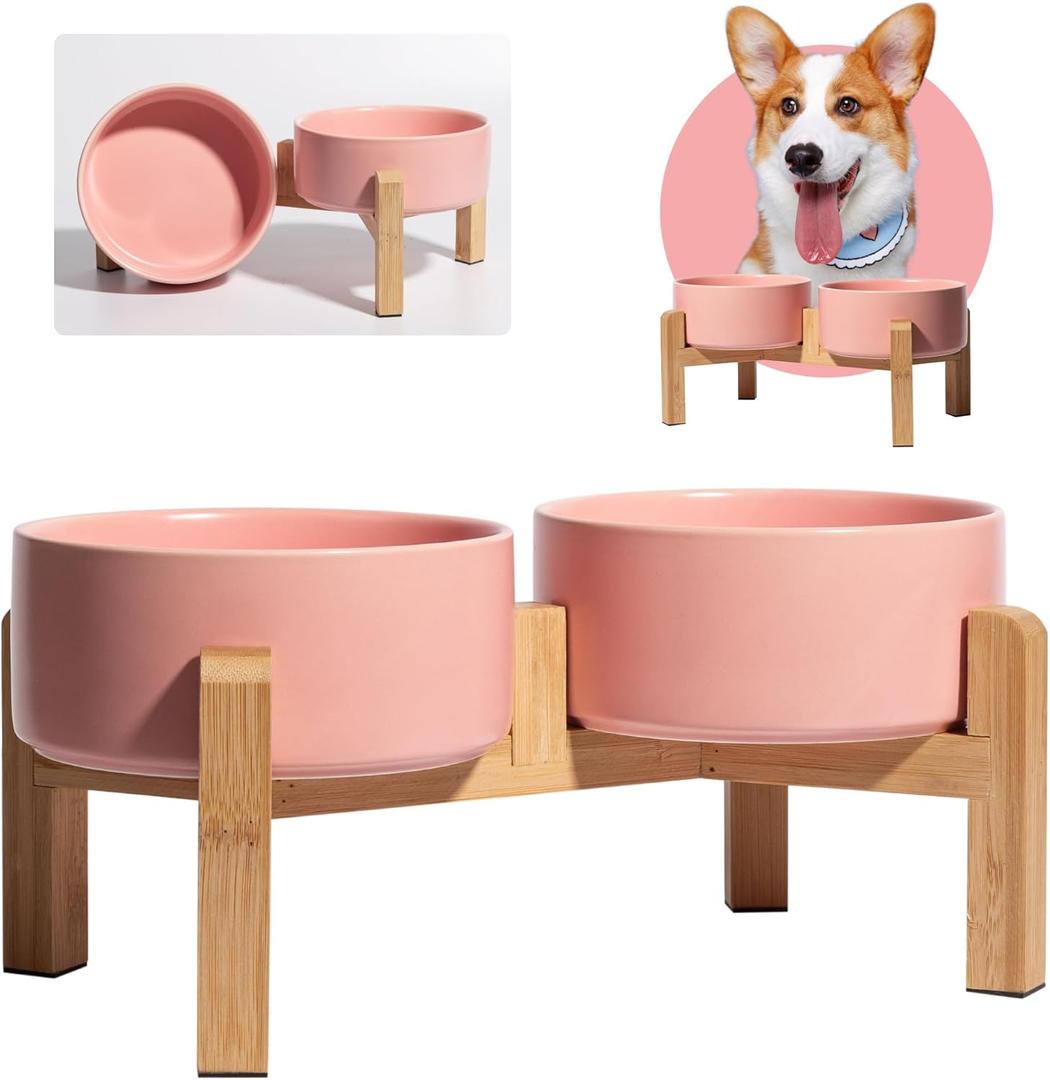 Elevated Ceramic Dog Bowl Set - Raised Dog Bowls with Non-Slip Bamboo Stand - Dog Food and Water Bowl Set - Double Dog Feeding Bowls - Suitable for Dogs - 28.74 OZ - 3.6 CUPS - 850 ML (Pink)