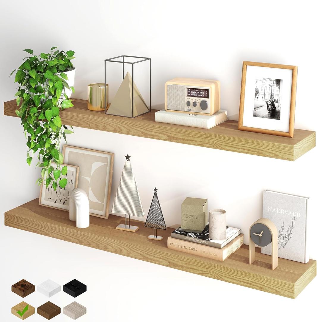 Fun Memories Floating Shelves for Wall, 48Inch Floating Shelves Set of 2, Hanging Shelf with Invisible Brackets, Wood Shelves for Living Room, Bedroom, Kitchen, Oak