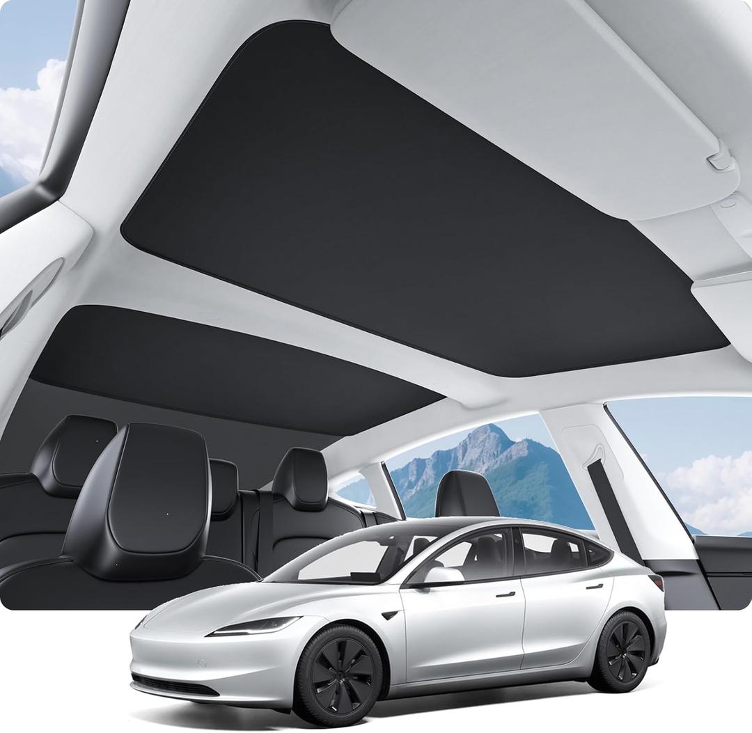 BASENOR 2025 2024 Tesla Model 3 Sunshade Roof, [Nano Ice-Crystal Coatings] Heat Insulation Glass Roof Shade, Top Window Retractable Sun Protection, Sunroof Blocking Cover for Model 3 Highland Black