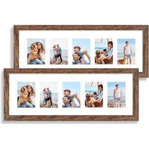 8x24 Picture Frame 2 Pack, Rustic Brown Wood Frame with Tempered Glass, Display Pictures Multiple Five 4x6 With Mat or 8 x 24 Without Mat - Horizontal or Vertical Wall Mounting