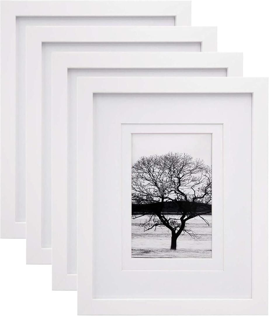 Egofine 8x10 Picture Frames Set of 4, Made of Solid Wood Covered by Plexiglass 4x6 and 5x7 with Mat or 8x10 without Mat, for Table Top Display and Wall Mounting Photo Frame White