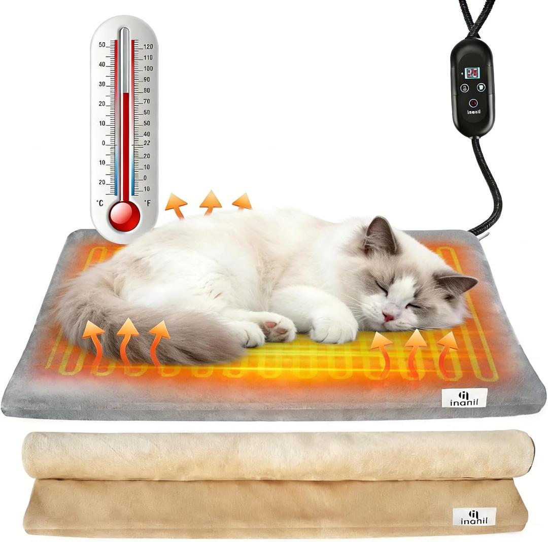 Heated Cat Bed, 6 Adjustable Temperature & 5 Timers, Cat Heating Pad Indoor, Waterproof Pet Heating Pads for Cats with Chew-Resistant Cord, Electric Warmer with 2 Removable Cover, 17.7" x 15.7"