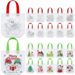 Abbylike 100 Pcs Christmas Color Your Own Bag Reusable Party Favor Bags Christmas Party Goodie Bags Xmas Coloring Goodie Return Gift for Men Women DIY Painting, 10 Styles