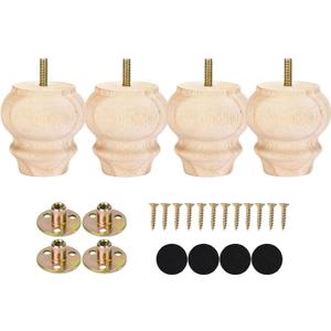Maricome 3 Inch Unfinhsed Bun Feet Predrilled M8 Bolt Replacement Legs Couch Ottoman Sofa Wood Furniture Legs Set of 4 Screw in