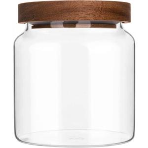 Glass Jar with Lid, 17.6 FL oz Airtight Glass Storage Jar Glass Food Storage Containers for Kitchen Counter, Pantry, Decorative Jar for Coffee, Sugar, Candy Cute (Wooden 17.6 FL OZ)