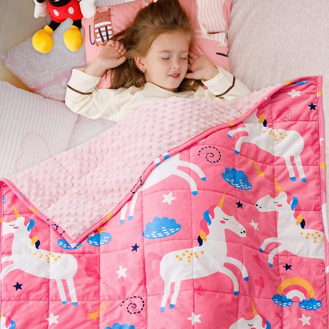 Sivio Minky Dotted Weighted Blanket, Super Soft Crystal Velvet Reversible Heavy Blanket with Cute Cartoon Patterns, 5 lbs, 36x48 Inch, Pink Unicorn