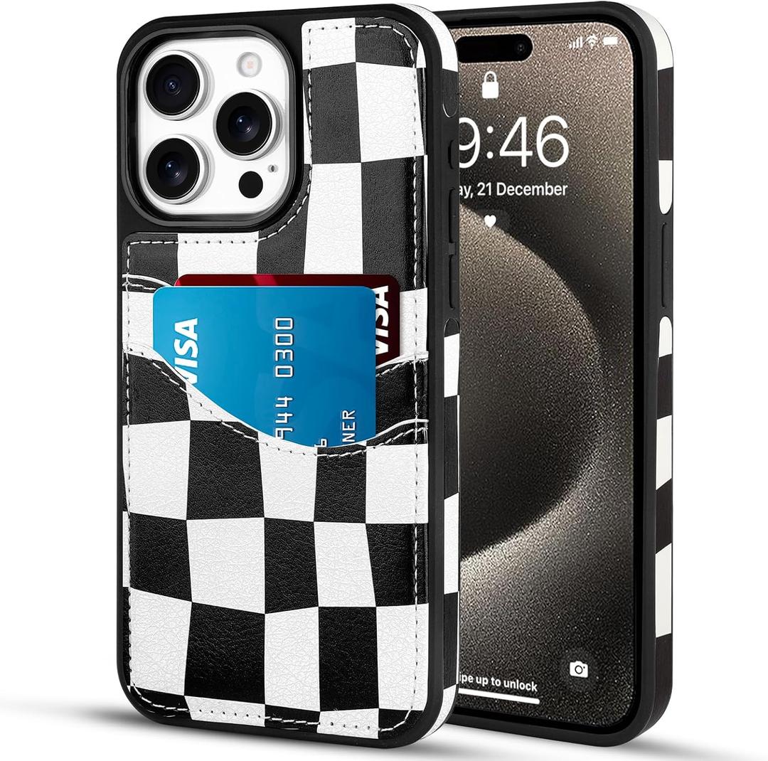 SOKAD Checkered Wallet Case for iPhone 15 Pro Max with Card Holder, Cute Checkerboard Design for Women Girls, Slim Soft Leather 2 Card Slots Protective Shockproof Phone Case, Black White