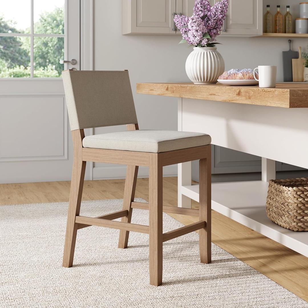 Nathan James Linus Modern Upholstered Counter Height Bar Stool with Back and Solid Rubberwood Legs in a Wire-Brushed Light Brown Finish, Natural Flax/Brown