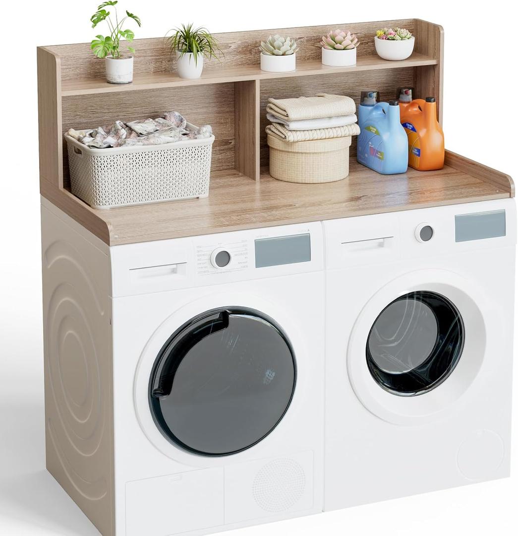 Washer Dryer Countertop with Shelf 27.5" W x 54" L Laundry countertop for Washer and Dryer with Edge Rails, Oak