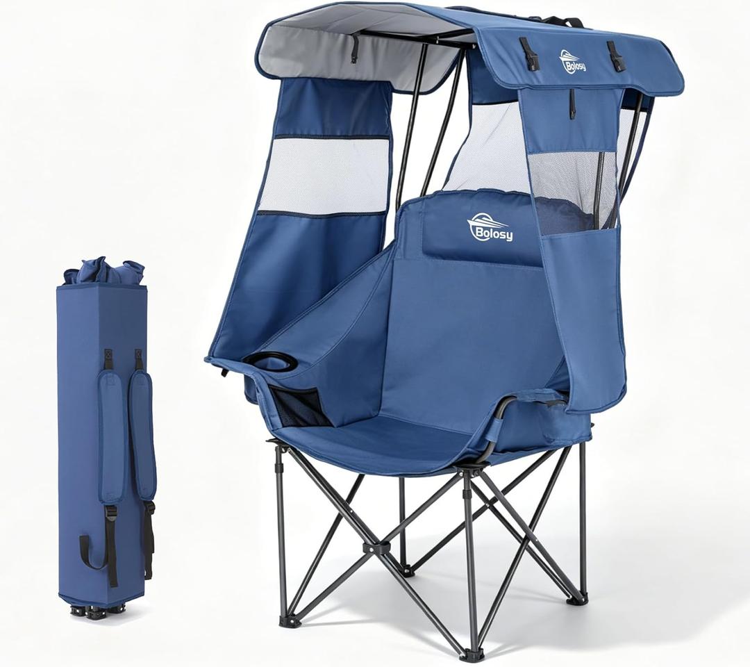 Bolosy Oversized Camping Chair with Canopy Beach Chair with Shade | Canopy Chair with Cup Holder, Side Pocket, Portable Folding Chair for Adults Fishing Camp Outdoor Sport Lawn Support 400 LBS
