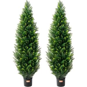 VEVOR Artificial Cedar Topiary Tree, 60 inch Tall (2 Pieces), with Extra Leaves & Pot Faux Evergreen Fake Pine Cypress Trees Plant, UV Rated Artificial Greenery Set for Home Decor Indoor/Outdoor