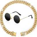 Xuniea 2 Pieces Cat Dog Chain Collar and Sunglasses Set Rhinestone Necklace with Secure Buckle Round Glasses for Doll Cat Dog Pet Accessories(18 Inch,Gold, Black)
