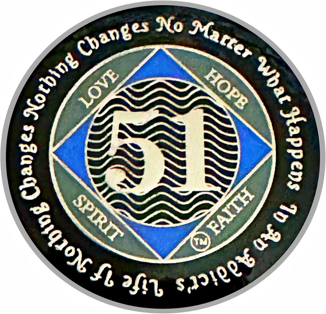 (Years 1-55) NA 51 Year Medallion, Silver, Blue Color Plated, Epoxy Covered Narcotics Anonymous Coin (NA 51 Year Medallion)