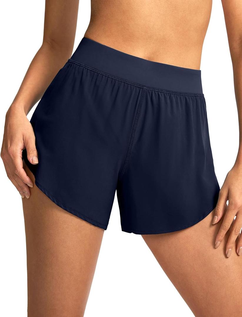 Soothfeel High Waisted Athletic Running Shorts for Women Dolphin Shorts High Split Quick Dry Gym Workout Shorts with Liner (Small, Navy)