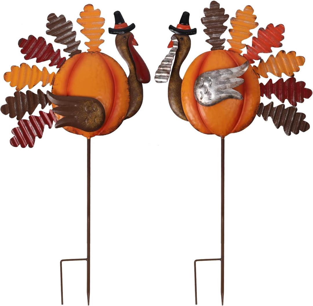 Lulu Home Thanksgiving Turkey Decors, Set of 2 Metal Turkey Stakes Fall Decor, Happy Thanksgiving Autumn Fall Outdoor Decorations