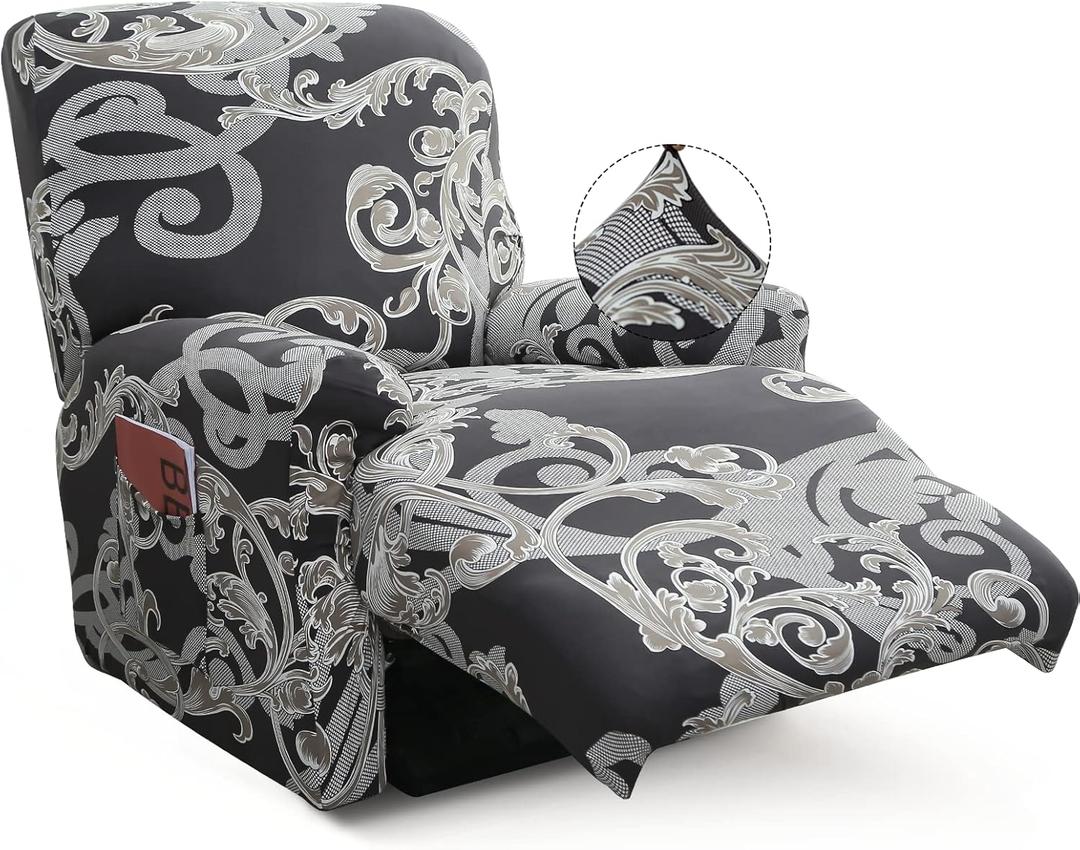 Recliner Slipcover-Stretch Soft Slip Reclining Chair Slipcovers 4-Pieces Furniture Protector for Recliner with Pocket Fitted Sofa Couch Cover Lazy Boy Chair Cover (Black/Gray)
