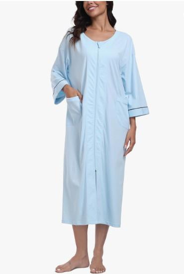 ANLIQI Women's 100% Cotton Long Robes Lightweight Housecoats 3/4 Sleeve Loungewear Dress Full Length Bathrobe with Pockets, L