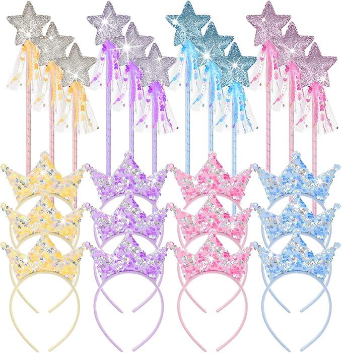 24 Pack Princess Wands Party Favors Sequin Princess Crown Headbands Colorful Glitter Star Fairy Wands Birthday Decorations Fairy Party Favors (4 Colors)