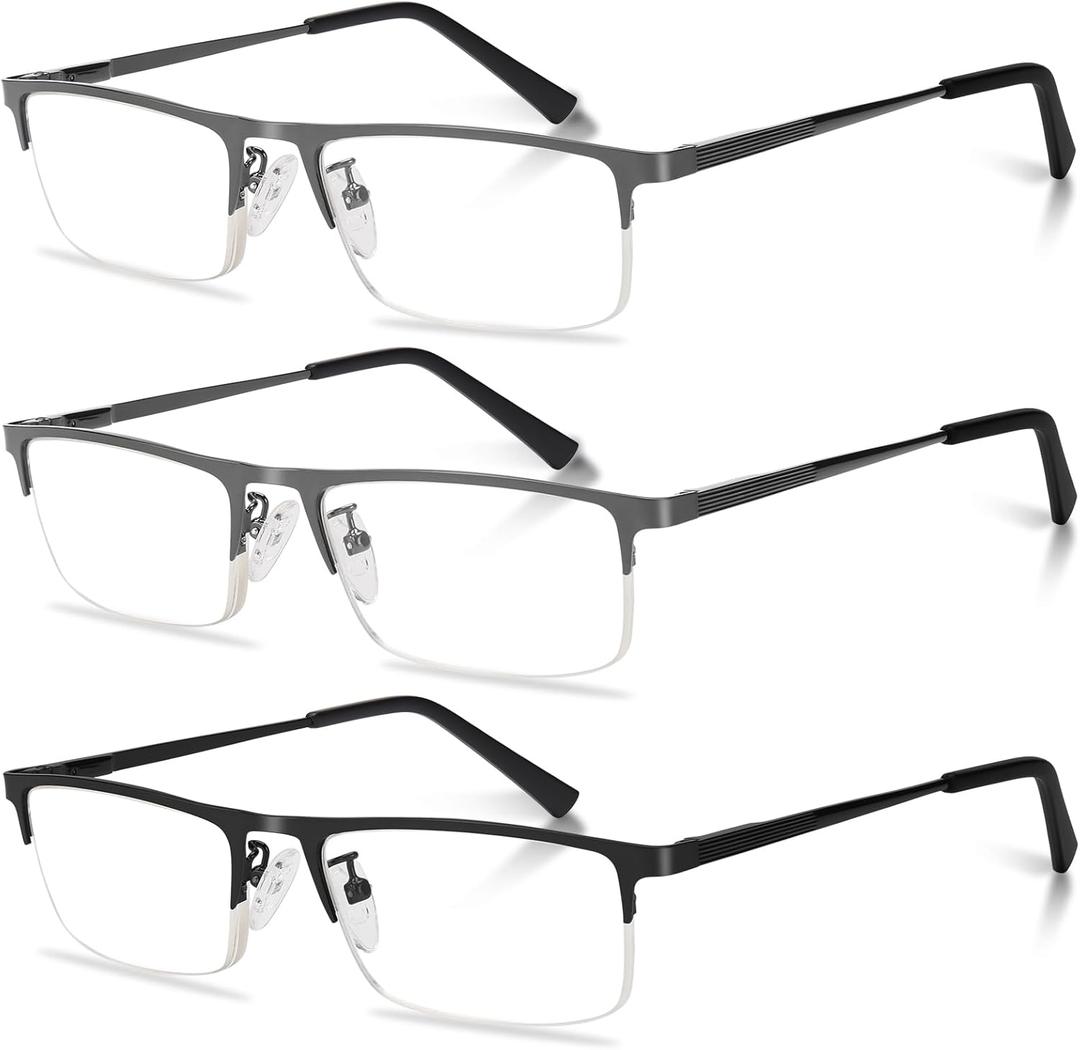 3-Pack Reading Glasses for Men, Lightweight Metal Half Frame Blue Light Blocking Computer Readers, Stylish Filter UV Ray/Computer Glare with Spring Hinge Eyeglasses(2PCS Gray+1PCS Black,+2.0)