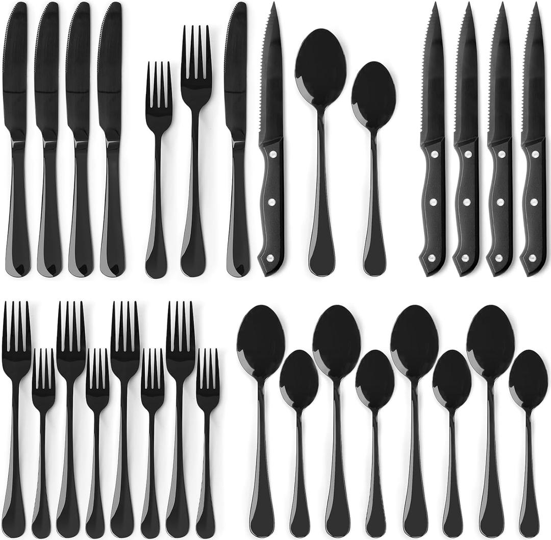 Astercook 24-Piece Black Silverware Set with Steak Knives Flatware Set for 4 Food-Grade Stainless Steel Cutlery Set Mirror Polished Utensils Set Includes Spoons and Forks for Home Kitchen Restaurant (Elegant Black Pro)