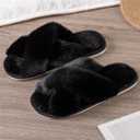 Womens Cross Band Slippers Cozy Furry Fuzzy House Slippers Open Toe Fluffy Indoor Shoes Outdoor Slip on Warm Breathable Anti-skid Sole (Black)