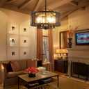20" Black Farmhouse Chandelier Rustic Light Fixture for Dining Room 6 Light, 6-light wood grain