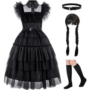 Black costume girls dress for Kids Black Family Costumes Halloween costumes girls Party Dress 4-13Y (5-6 years, Black(dress+belt+hair+socks))