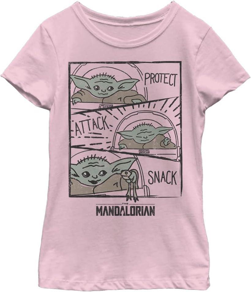 STAR WARS Mandalorian Child Doodle Panels Girls Short Sleeve Tee Shirt (Large, Light Pink)