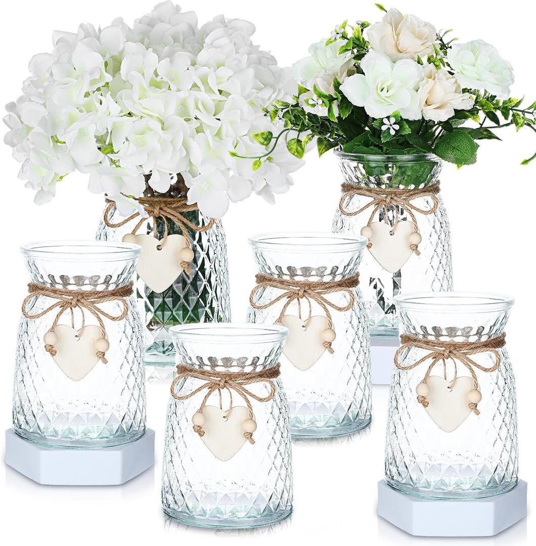 6 Pcs Glass Bud Vases with Twine Rope and Heart Label 6.3 Inch Boho Vintage Vase Flower Decorative Glass Vase for Centerpieces Holiday Wedding Home Table Decorations (Clear)