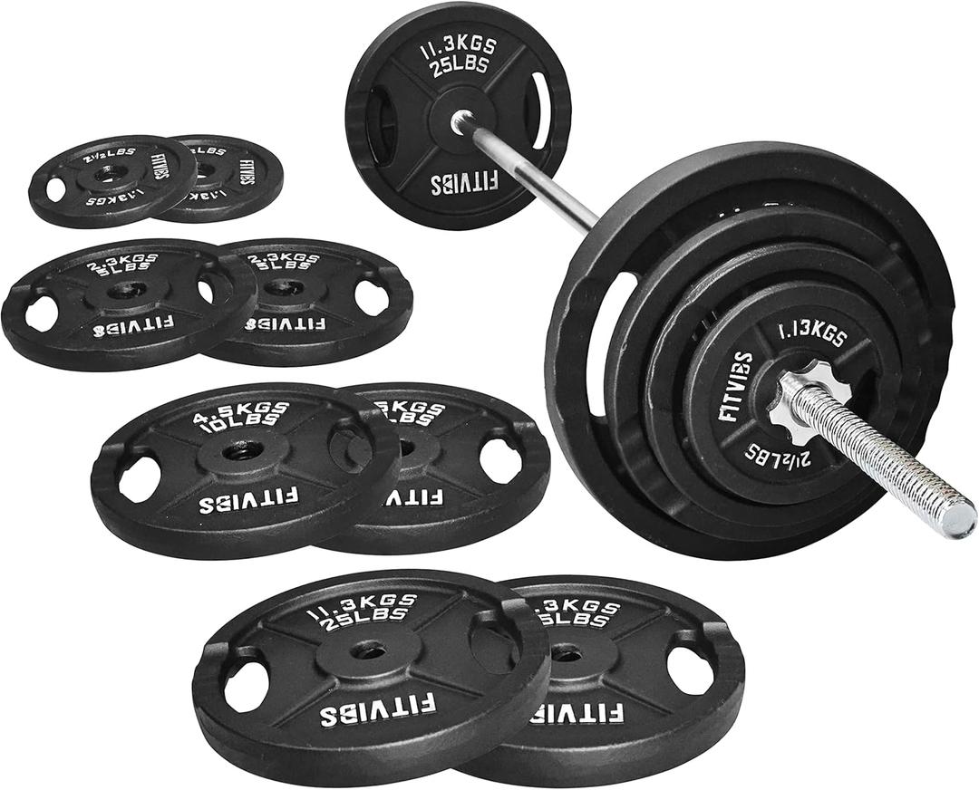 Fitvids Cast Iron Standard Weight Plates Including 5FT Standard Barbell with Star Locks, 95-Pound Set (85 Pounds Plates + 10 Pounds Barbell), Multiple Styles