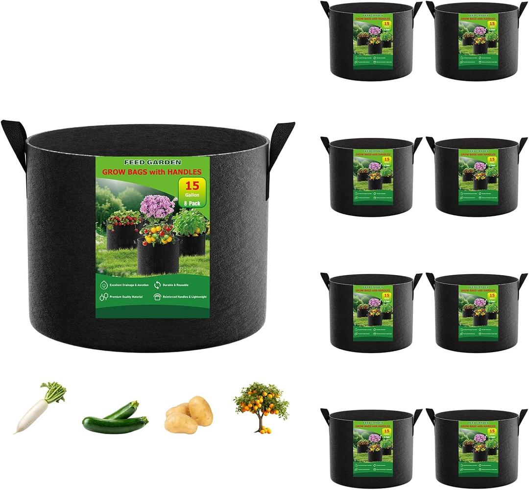 FEED GARDEN 15 Gallon Grow Bags 8 Pack – Heavy Duty 300G Thick Fabric Plant Pots with Reinforced Handles, Breathable Drainage Planters for Tomatoes, Potatoes & Large Vegetables Indoor Outdoor