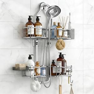 Shower Caddy Hanging Organizer, Rustproof Shower Organizer Hanging for Handheld Showerhead with Hooks for Razor/Sponge, Bathroom Caddy Rack Shower Shelves for Shampoo Soap Towels, Silver