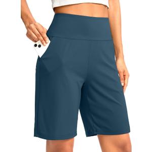 G Gradual Women's Bermuda Long Shorts with Pockets 9" High Waisted Shorts for Women Walking Athletic Workout (Blue, M)