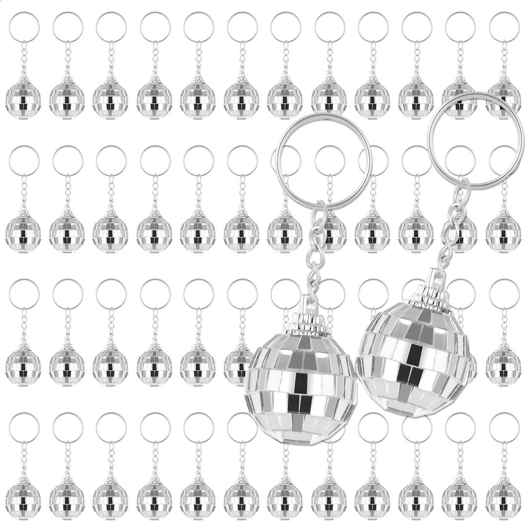 Sasylvia 50 Pcs Mirror Disco Ball Keychain Bulk Mini 70s Party Favors Small Silver Disco Ball Decorations for 1970s Party Graduation Supplies Birthday Accessories