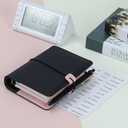 Koqye A7 Leather Binder 6-Ring with Zipper Pocket, Include Dividers & Refills Stickers, Black Refillable Planner Cover with Pockets (Black & Pink)